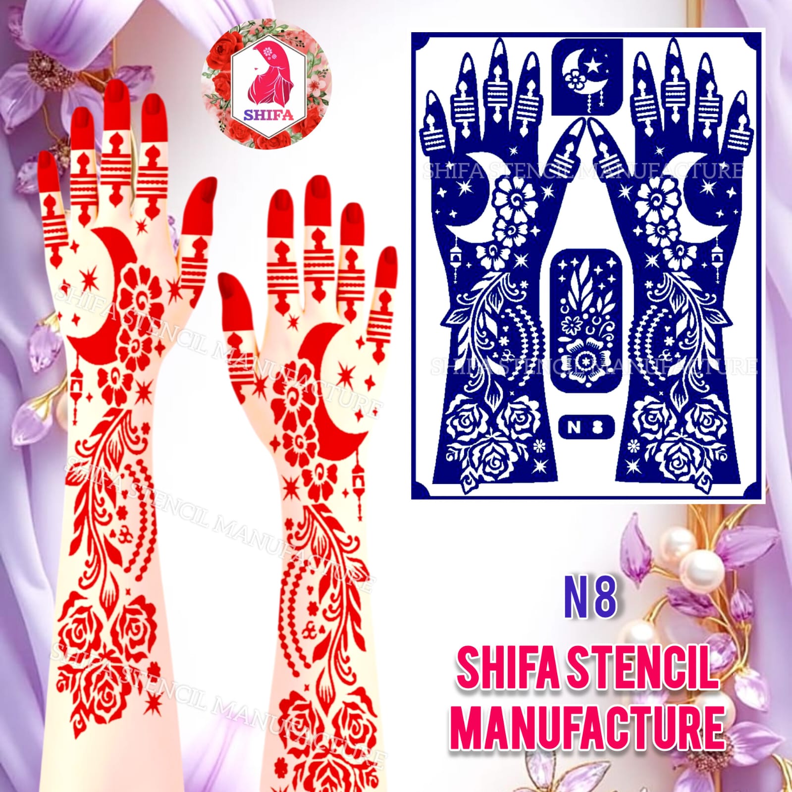 N 8 Crescent Bloom Eleganza Sticker Overview Henna Stencil - Shifa Stencil